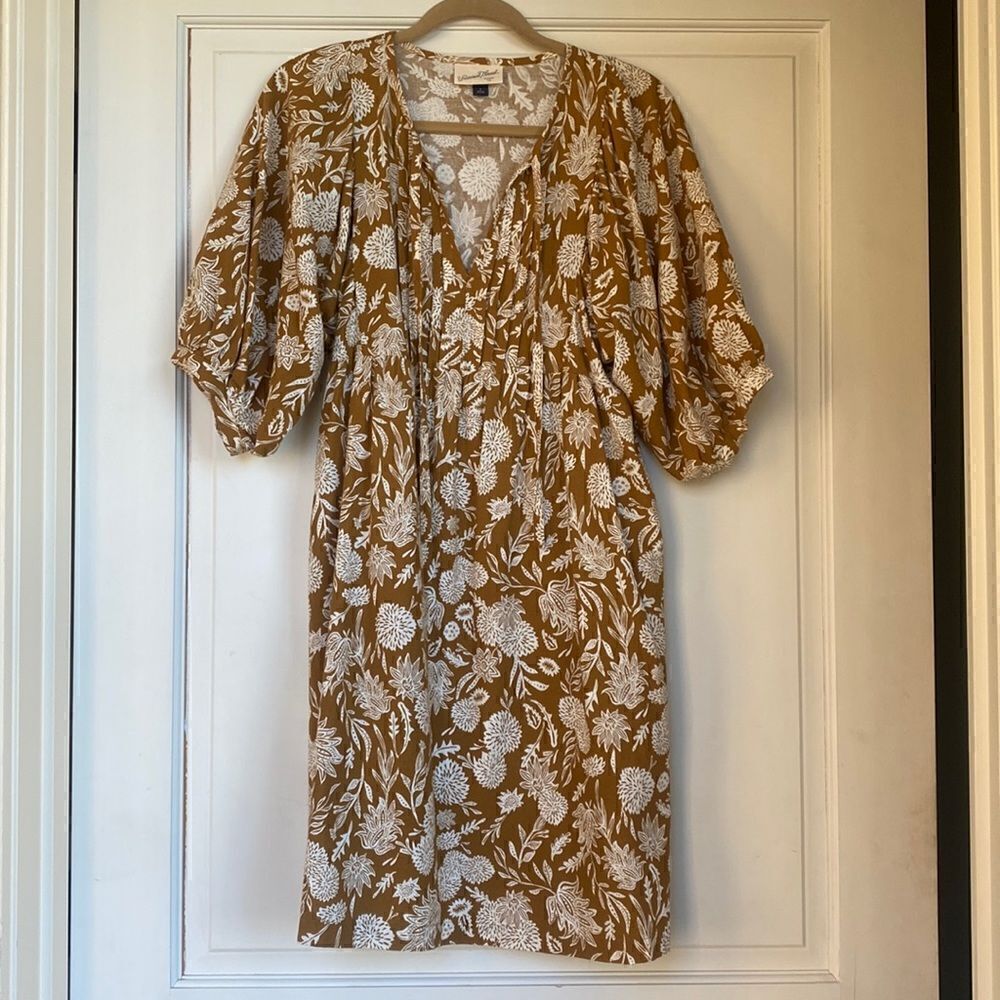 Floral Printed Cotton Puff Sleeve Tie Front Dress